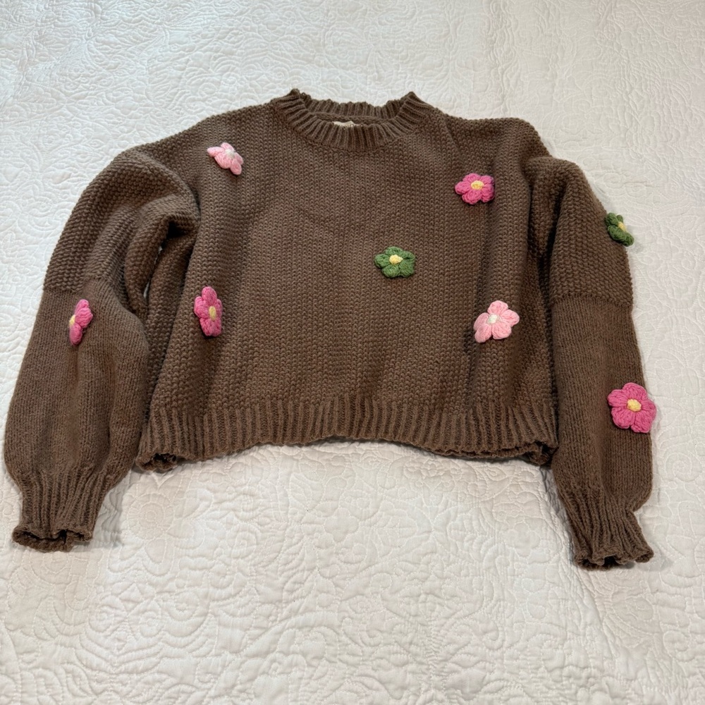 Brown Floral 3D Knit Sweater